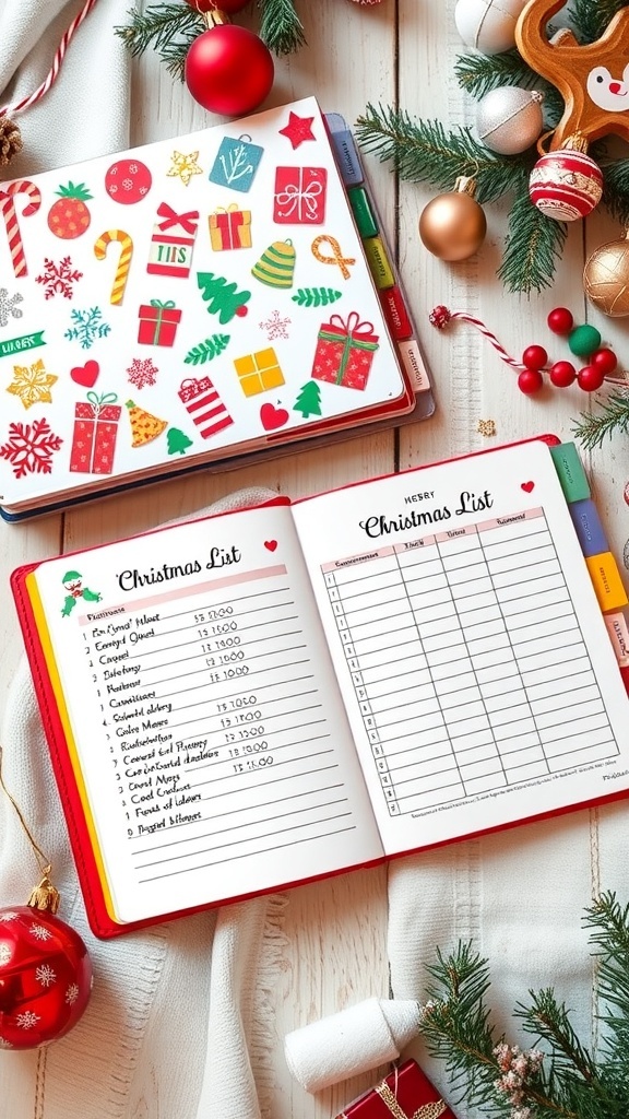 A Christmas list notebook with festive decorations, open to a page with gift ideas.
